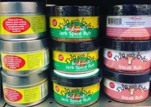 different spice rubs made in house available in addition to hot food served at the jerk shack